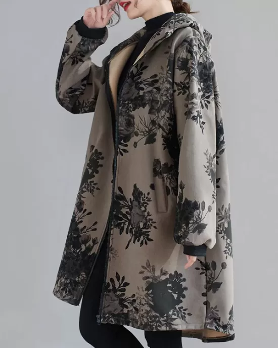 Artistic Retro Loose Floral Printed Hooded Long Sleeves Outwear