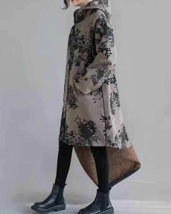 Artistic Retro Loose Floral Printed Hooded Long Sleeves Outwear