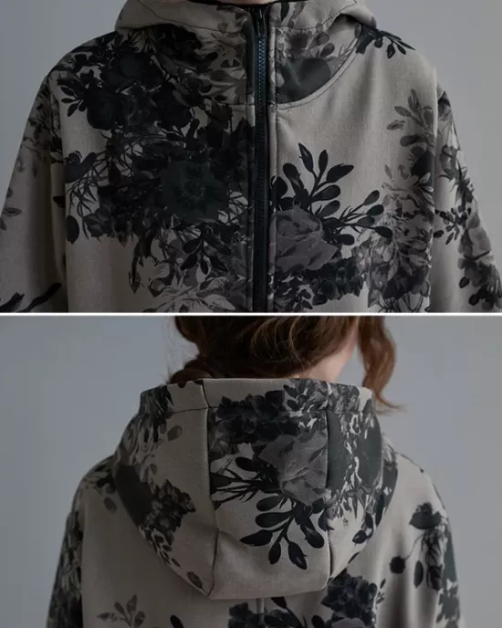 Artistic Retro Loose Floral Printed Hooded Long Sleeves Outwear