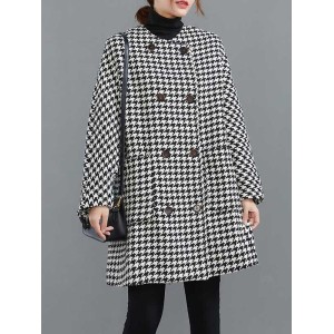 Loose Houndstooth Buttoned Round-Neck Long Sleeves Woolen Coat