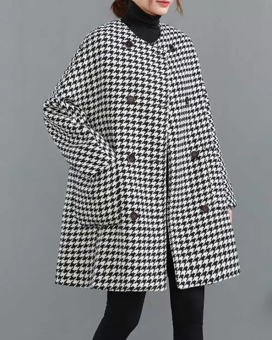 Loose Houndstooth Buttoned Round-Neck Long Sleeves Woolen Coat