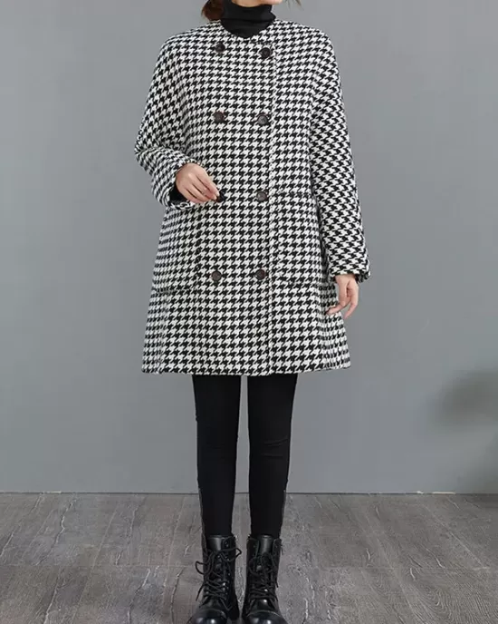 Loose Houndstooth Buttoned Round-Neck Long Sleeves Woolen Coat