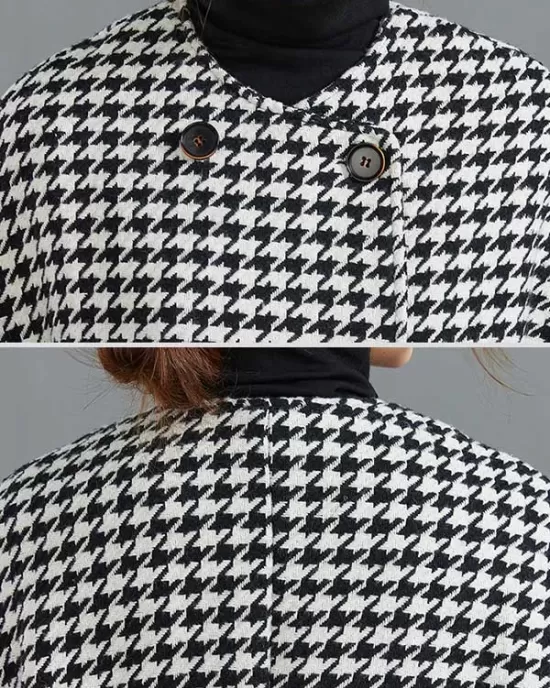 Loose Houndstooth Buttoned Round-Neck Long Sleeves Woolen Coat