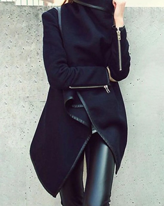 Original Asymmetric Split-Joint High-Neck Woolen Coat