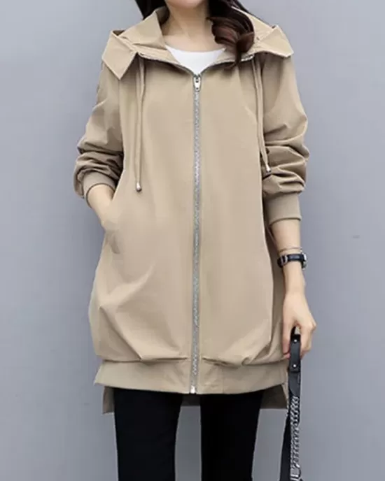 Casual Loose 4 Colors Pleated Zipper Hooded Long Sleeves Outwear