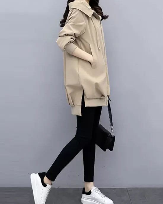 Casual Loose 4 Colors Pleated Zipper Hooded Long Sleeves Outwear