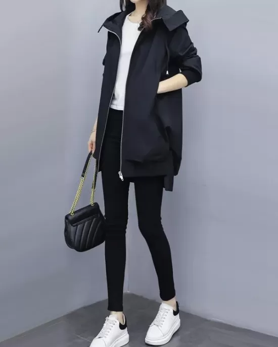 Casual Loose 4 Colors Pleated Zipper Hooded Long Sleeves Outwear