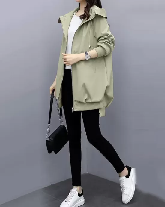 Casual Loose 4 Colors Pleated Zipper Hooded Long Sleeves Outwear