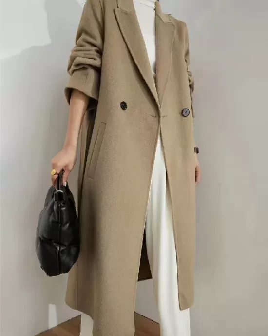 Office Belted Solid Color Notched Collar Wool Overcoat