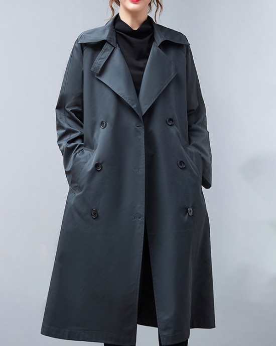 Loose Buttoned Notched Collar Trench Coat