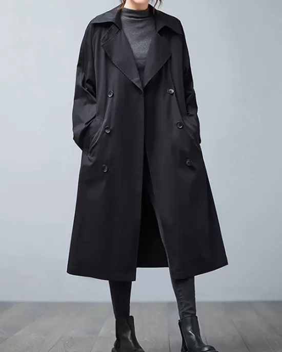 Loose Buttoned Notched Collar Trench Coat