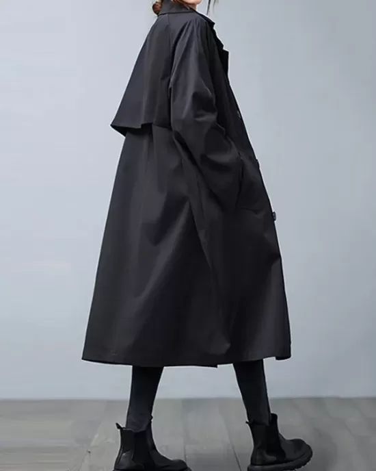 Loose Buttoned Notched Collar Trench Coat