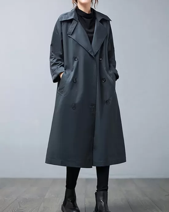 Loose Buttoned Notched Collar Trench Coat