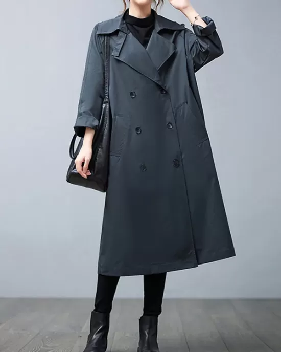 Loose Buttoned Notched Collar Trench Coat