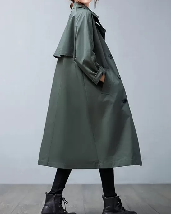 Loose Buttoned Notched Collar Trench Coat