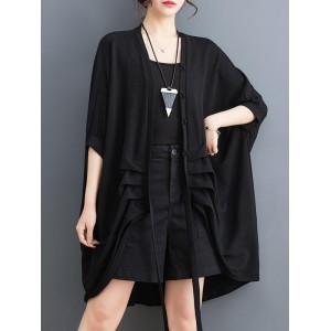 Drawstring Solid Color Half Sleeves Irregular Clipping V-Neck Outerwear