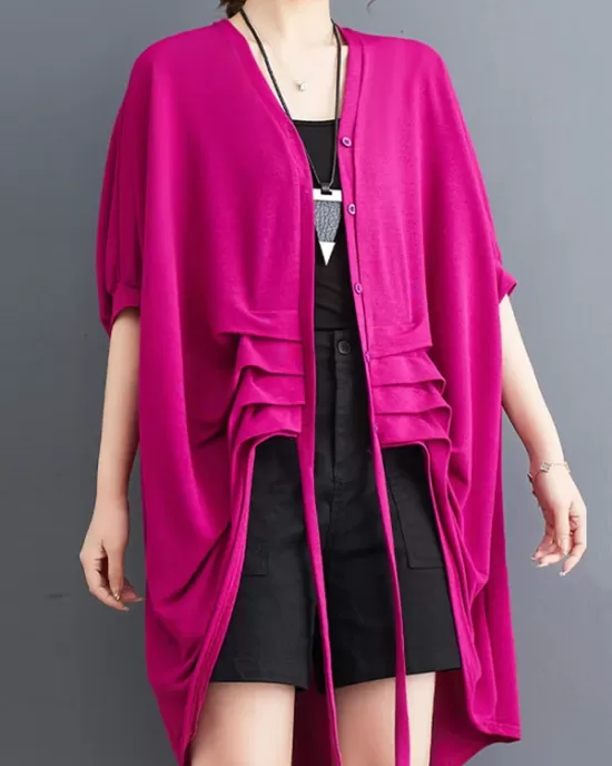 Drawstring Solid Color Half Sleeves Irregular Clipping V-Neck Outerwear