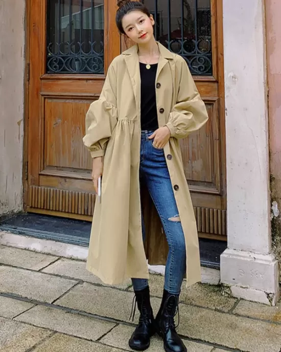 Casual Lose Tied Buttoned High-Waist Notched Collar Long Bishop Sleeves Trench Coat