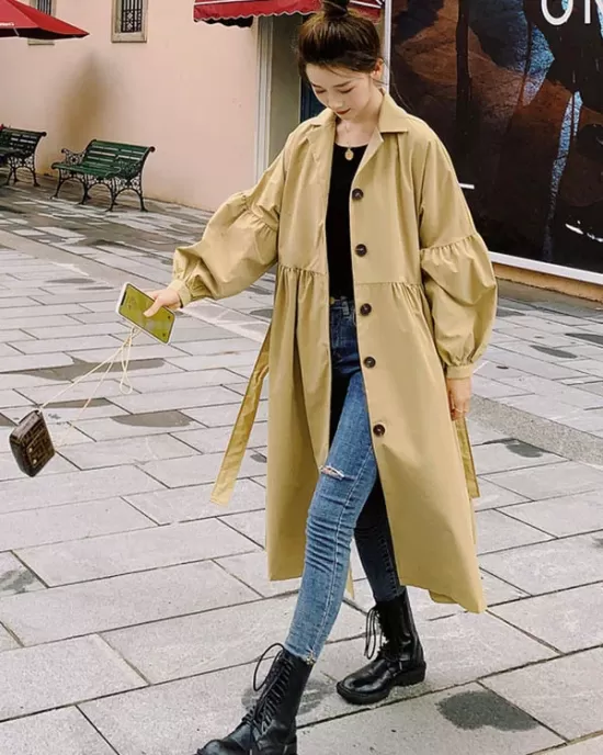 Casual Lose Tied Buttoned High-Waist Notched Collar Long Bishop Sleeves Trench Coat