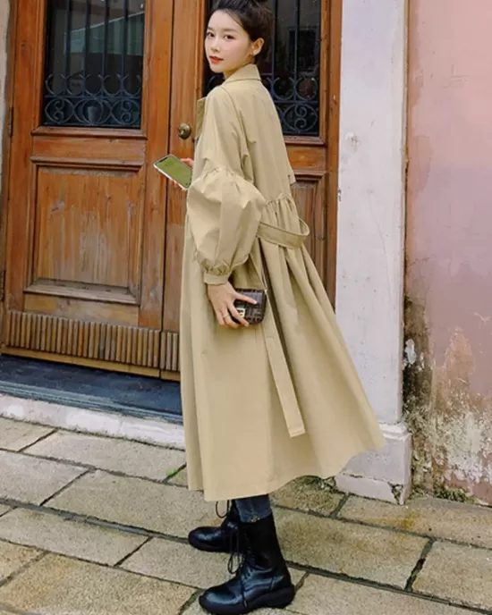 Casual Lose Tied Buttoned High-Waist Notched Collar Long Bishop Sleeves Trench Coat