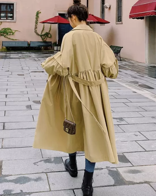 Casual Lose Tied Buttoned High-Waist Notched Collar Long Bishop Sleeves Trench Coat