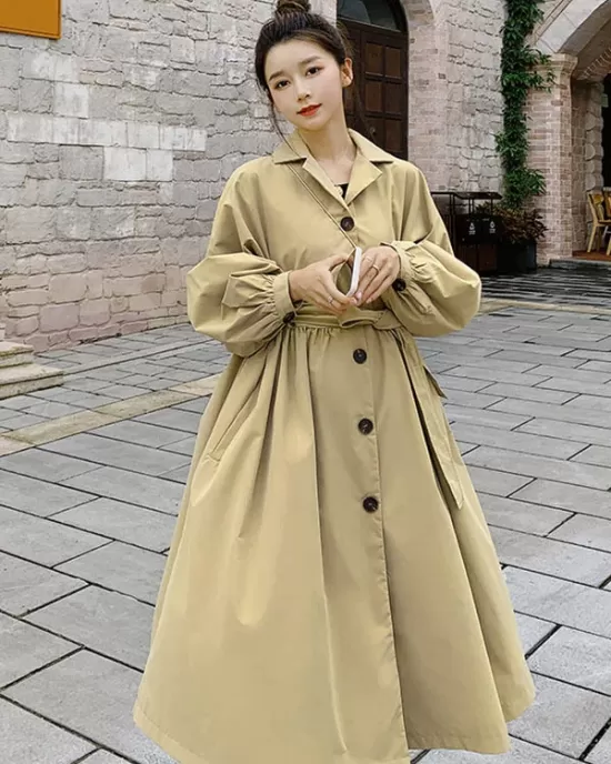 Casual Lose Tied Buttoned High-Waist Notched Collar Long Bishop Sleeves Trench Coat