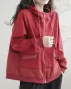 Artistic Retro Loose Long Sleeves Solid Color Zipper Hooded Outerwear