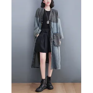 Artistic Retro Denim Long Sleeves Loose Tied Split-Joint Trench Outerwear