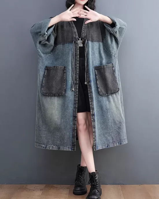 Artistic Retro Denim Long Sleeves Loose Tied Split-Joint Trench Outerwear