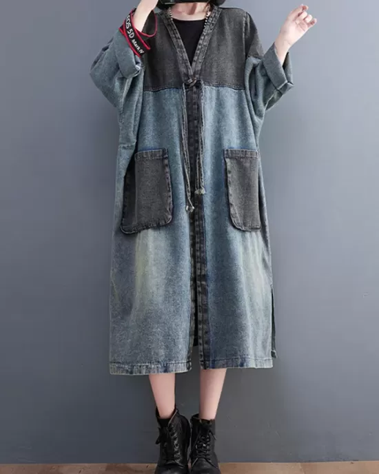 Artistic Retro Denim Long Sleeves Loose Tied Split-Joint Trench Outerwear