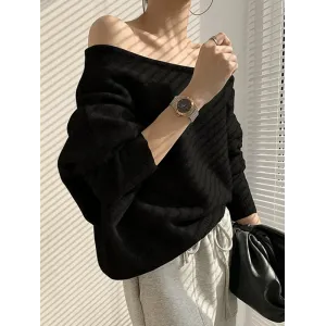 Casual Loose Long Sleeves Solid Color Off-The-Shoulder Sweater Tops