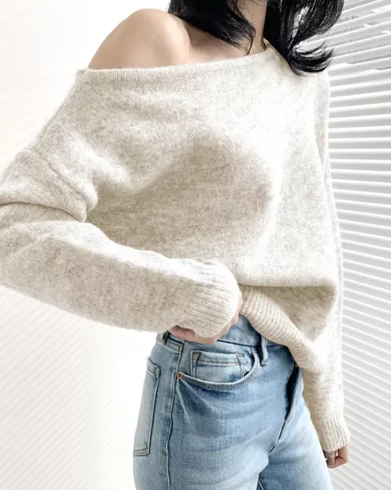 Casual Loose Long Sleeves Solid Color Off-The-Shoulder Sweater Tops