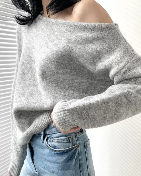 Casual Loose Long Sleeves Solid Color Off-The-Shoulder Sweater Tops