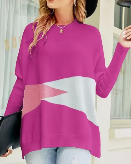 Contrast Color Batwing Sleeves Long Sleeves Round-Neck Sweater Tops Pullovers Knitwear