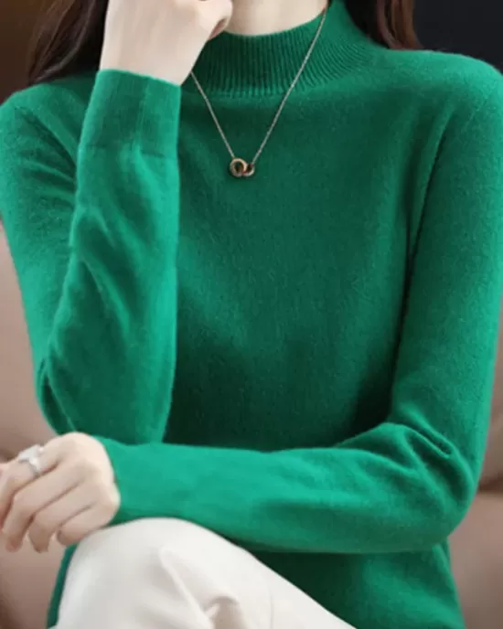 Office Long Sleeves Solid Color High-Neck Sweater Tops Pullovers