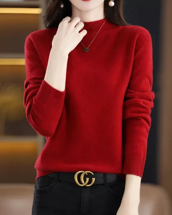 Office Long Sleeves Solid Color High-Neck Sweater Tops Pullovers