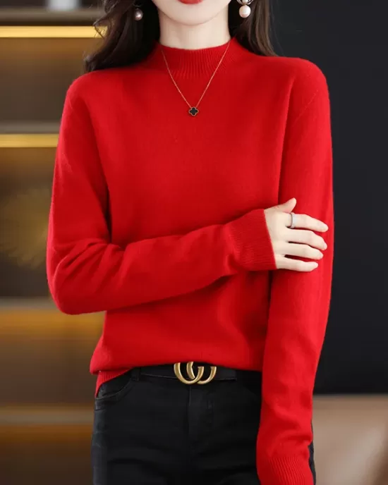 Office Long Sleeves Solid Color High-Neck Sweater Tops Pullovers