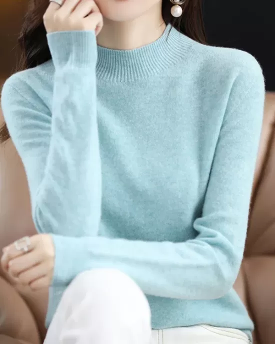 Office Long Sleeves Solid Color High-Neck Sweater Tops Pullovers