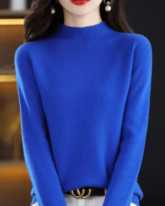 Office Long Sleeves Solid Color High-Neck Sweater Tops Pullovers