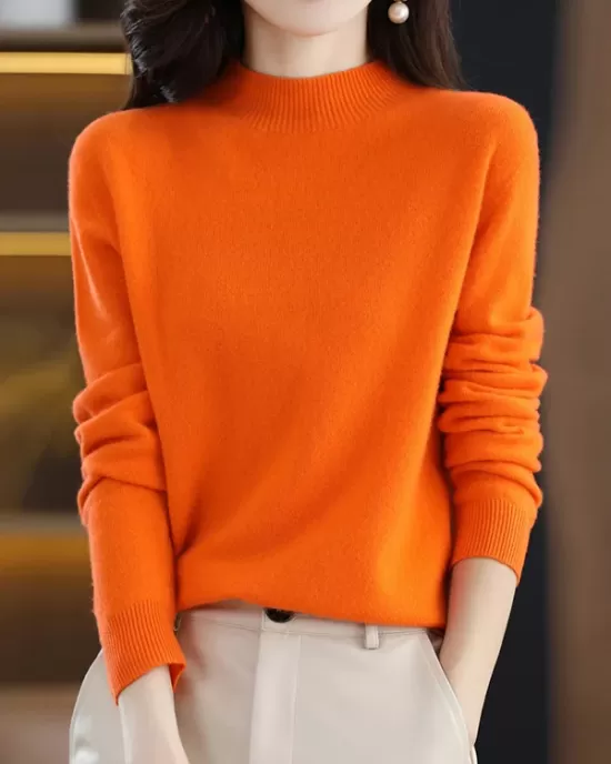 Office Long Sleeves Solid Color High-Neck Sweater Tops Pullovers