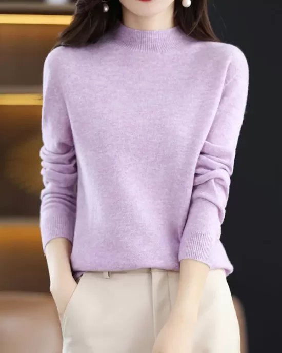 Office Long Sleeves Solid Color High-Neck Sweater Tops Pullovers