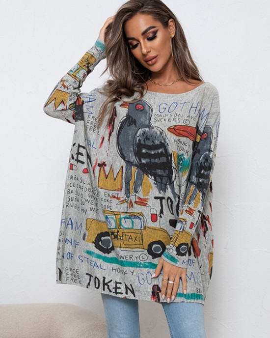 Cartoon Printed Contrast Color Long Sleeves Loose Round-neck Sweater Tops