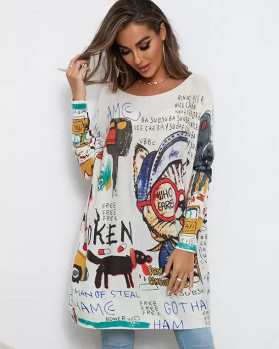 Cartoon Printed Contrast Color Long Sleeves Loose Round-neck Sweater Tops