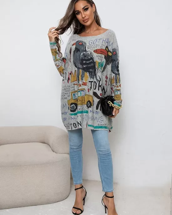 Cartoon Printed Contrast Color Long Sleeves Loose Round-neck Sweater Tops