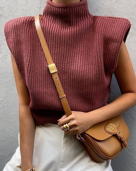 Casual Cap Sleeve Solid Color High-Neck Sweater Tops Pullovers