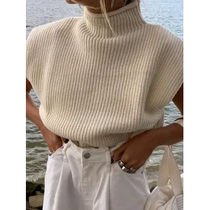 Casual Cap Sleeve Solid Color High-Neck Sweater Tops Pullovers