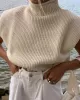 Casual Cap Sleeve Solid Color High-Neck Sweater Tops Pullovers