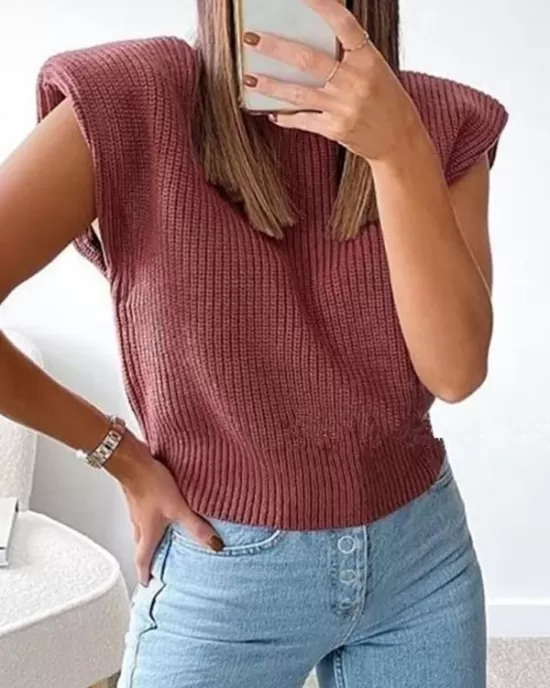 Casual Cap Sleeve Solid Color High-Neck Sweater Tops Pullovers