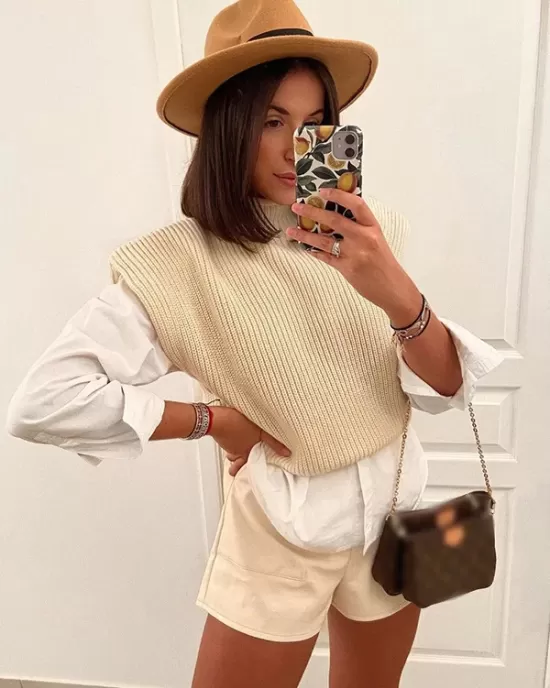 Casual Cap Sleeve Solid Color High-Neck Sweater Tops Pullovers