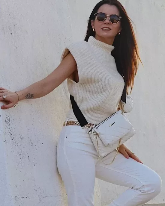 Casual Cap Sleeve Solid Color High-Neck Sweater Tops Pullovers